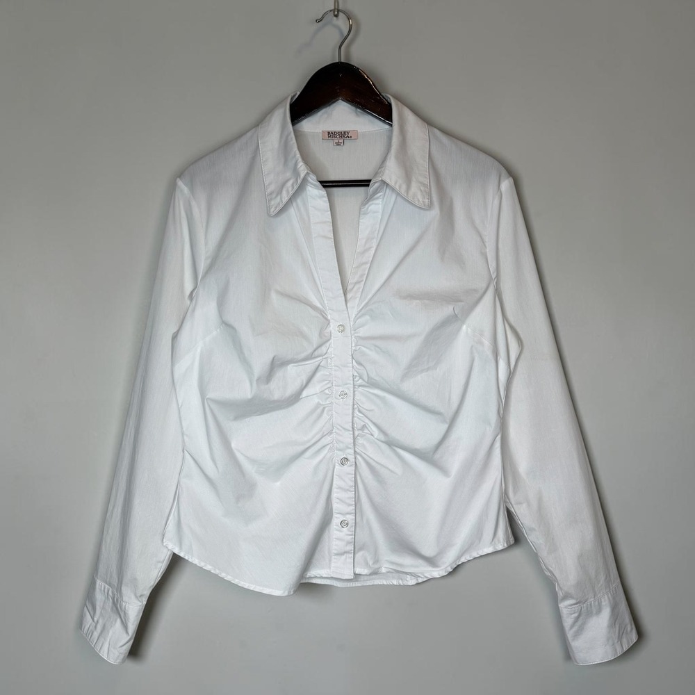 Badgley Mischka Ruched Gathered Button Up Shirt White Wing Collar size Large